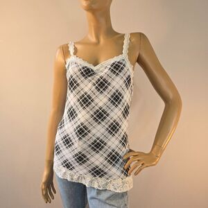 Eyeshadow Camisole Y2K Black White Plaid Babydoll Tank Top Youth Sz XL Cotton